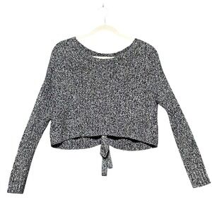 Hollister Cropped Chunky Cable Knit Sweater Size S Tie Back Black White Marled